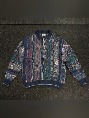 Marconi Blue Textured Long Sleeves Coogie Style 90s Knit Sweater Size Large
